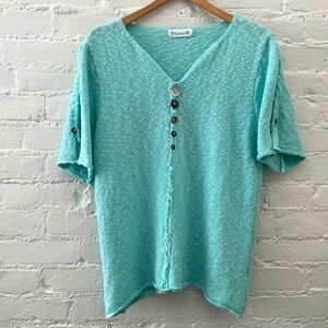 Lulu-B Short Sleeve Textured Knit Pullover Sweater Top Turquoise M Coastal Beach